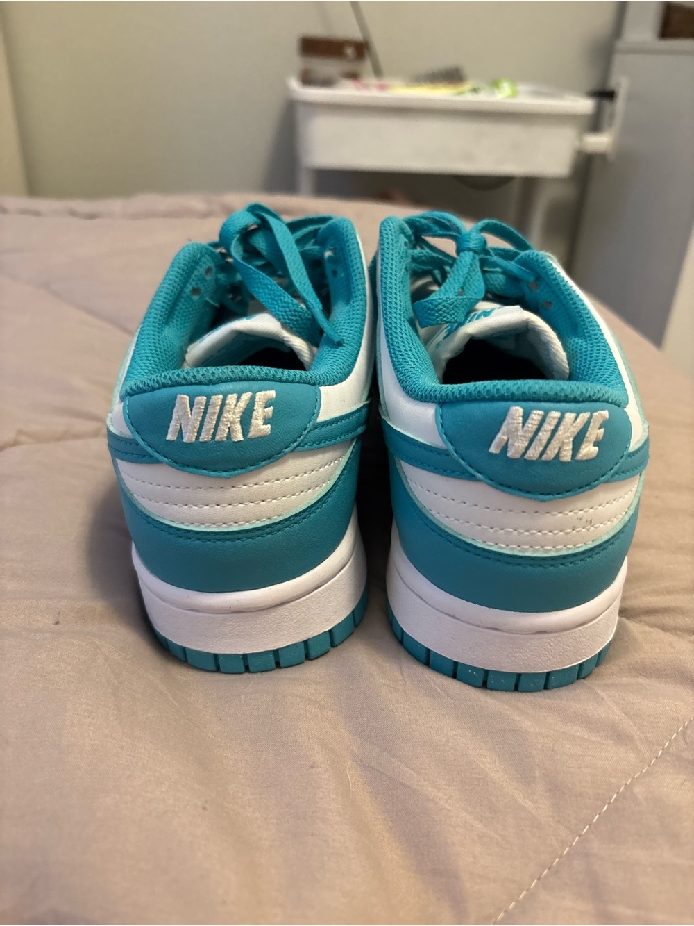 Nike woman’s Teal and White Low-Top dunks sneakers